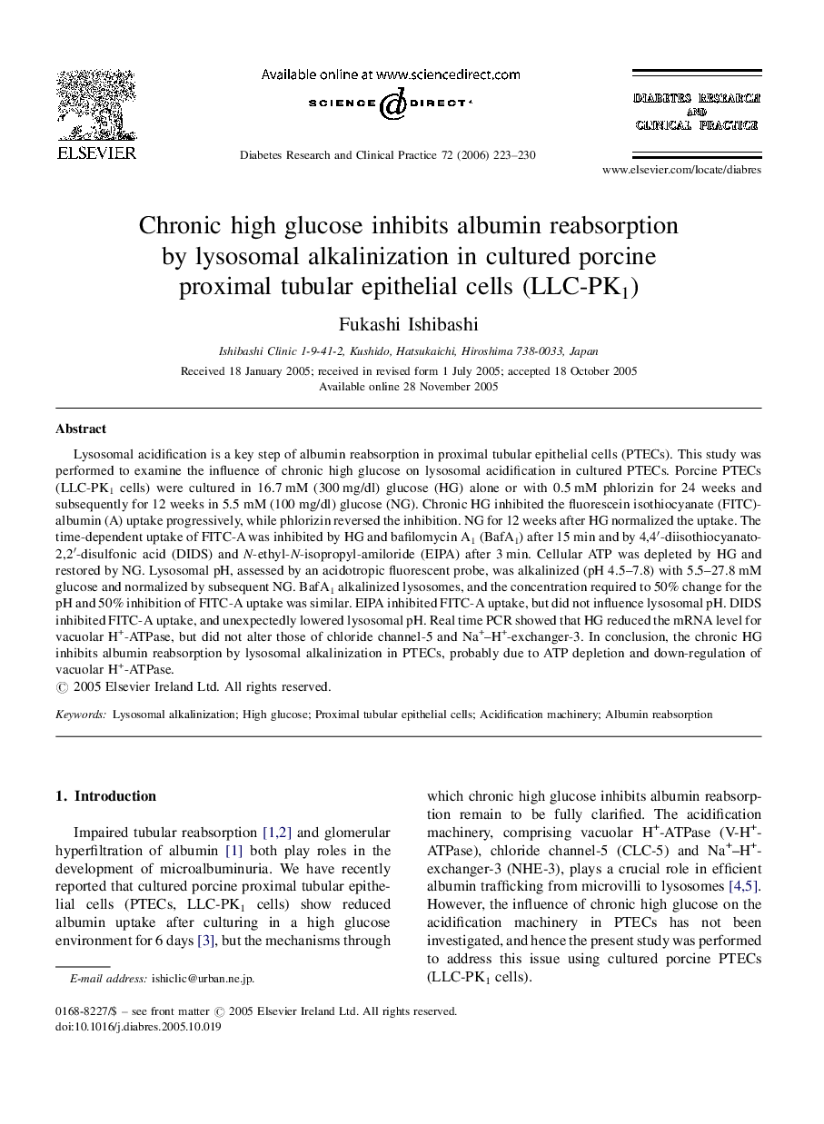 Chronic high glucose inhibits albumin reabsorption by lysosomal alkalinization in cultured porcine proximal tubular epithelial cells (LLC-PK1)