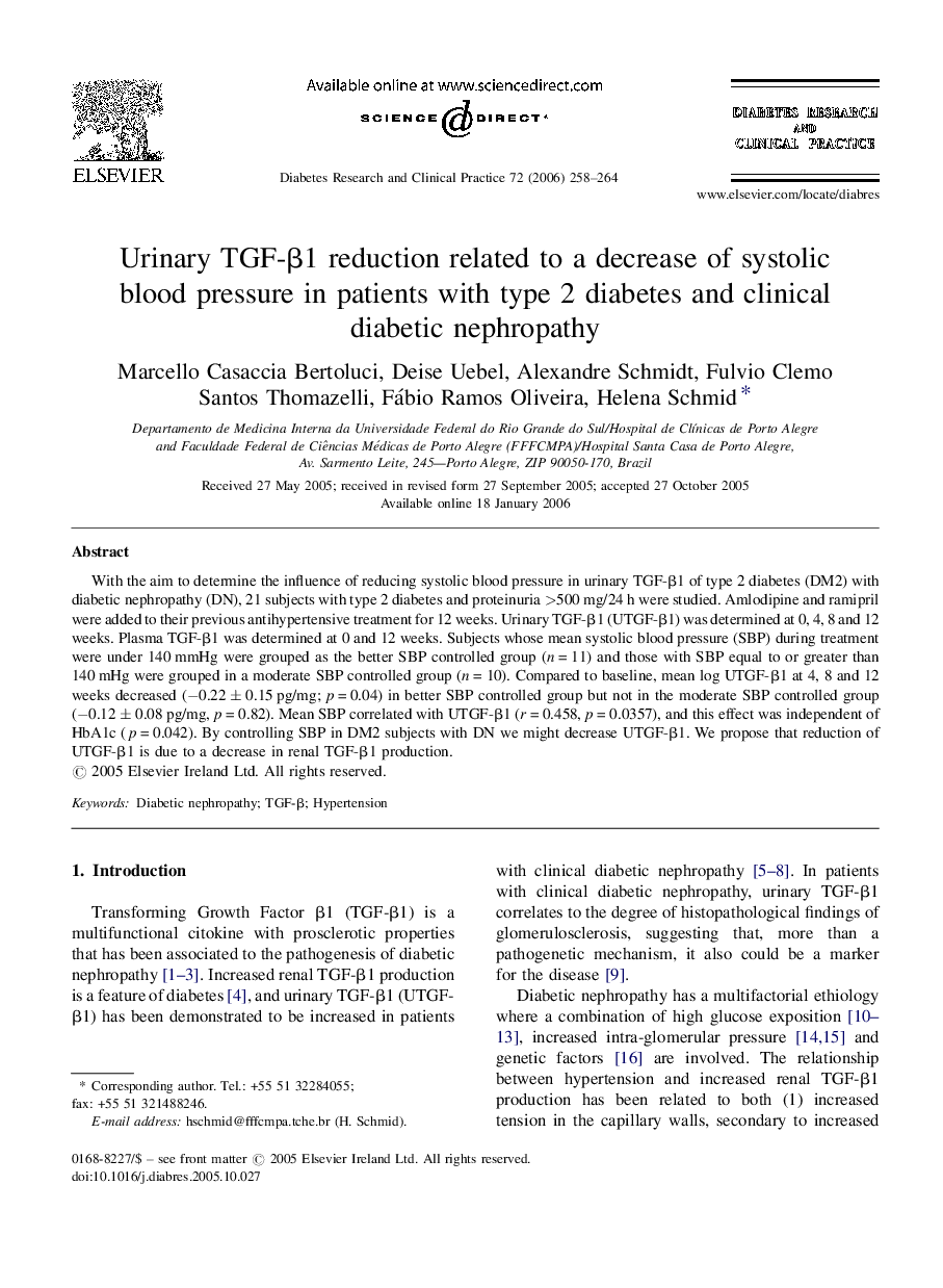 Urinary TGF-Î²1 reduction related to a decrease of systolic blood pressure in patients with type 2 diabetes and clinical diabetic nephropathy