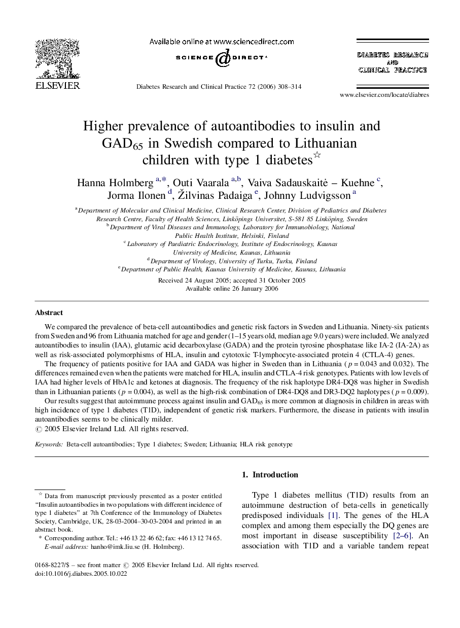 Higher prevalence of autoantibodies to insulin and GAD65 in Swedish compared to Lithuanian children with type 1 diabetes 