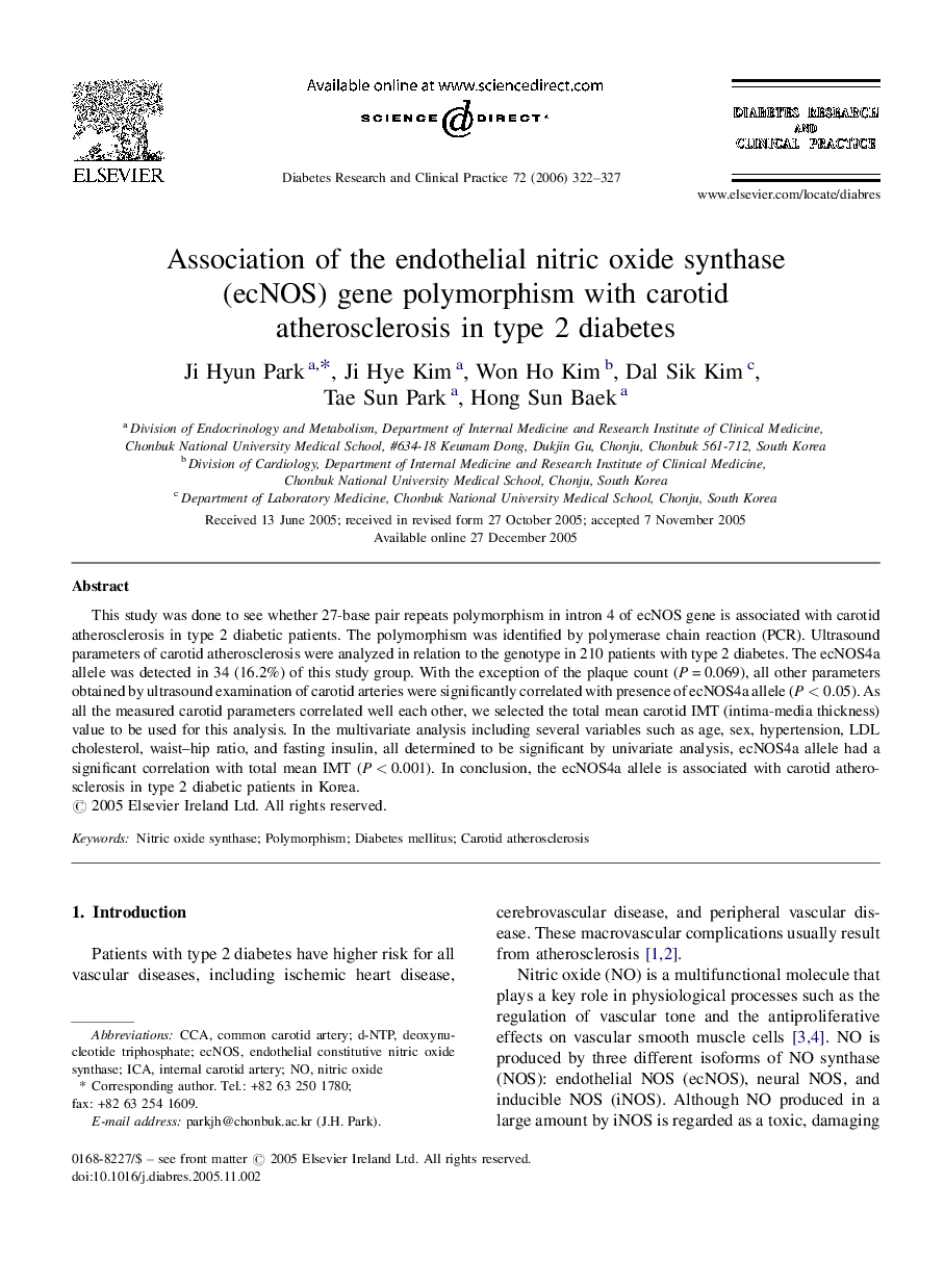 Association of the endothelial nitric oxide synthase (ecNOS) gene polymorphism with carotid atherosclerosis in type 2 diabetes