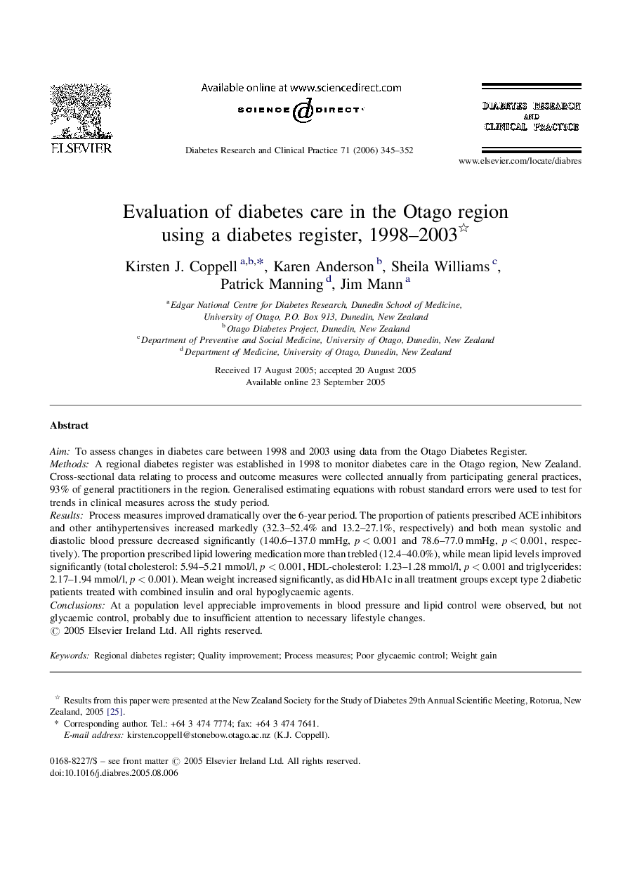 عکس صفحه اول مقاله: Evaluation of diabetes care in the Otago region using a diabetes register, 1998–2003 Evaluation of diabetes care in the Otago region using a diabetes register, 1998–2003