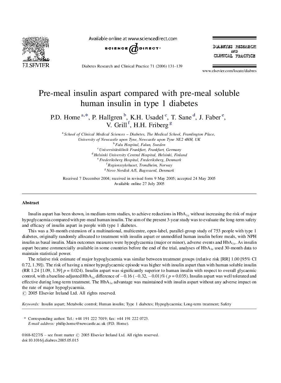 Pre-meal insulin aspart compared with pre-meal soluble human insulin in type 1 diabetes