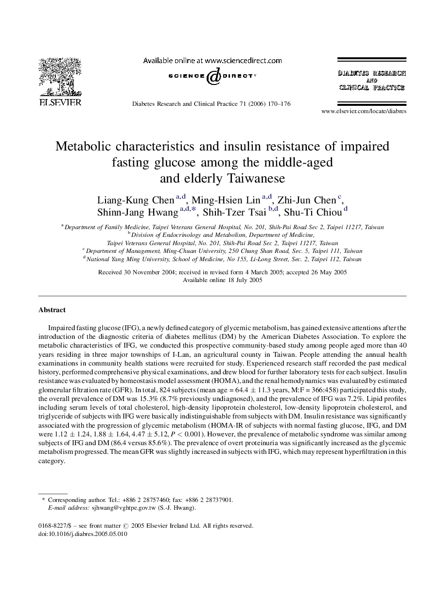 Metabolic characteristics and insulin resistance of impaired fasting glucose among the middle-aged and elderly Taiwanese