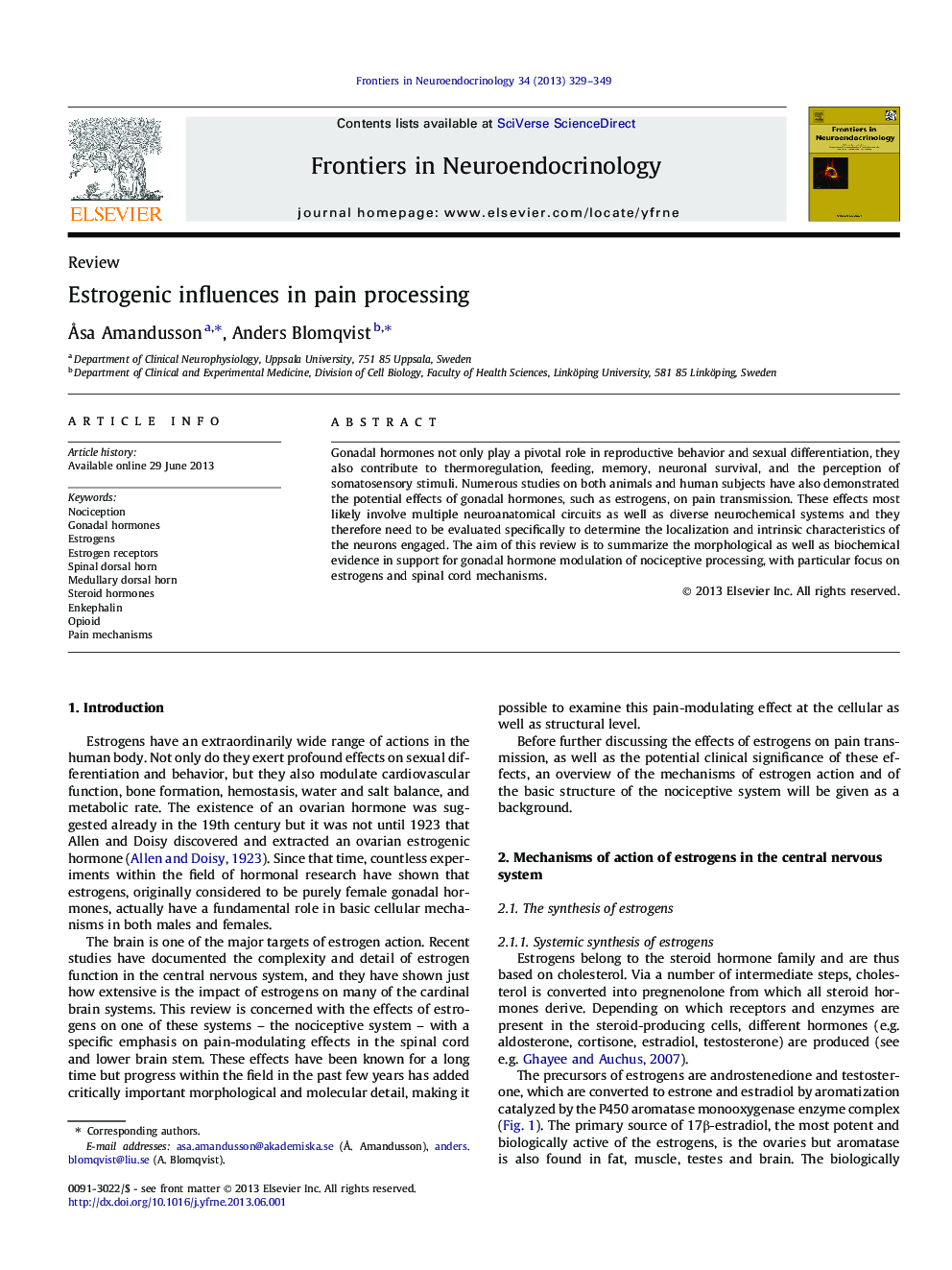 Estrogenic influences in pain processing