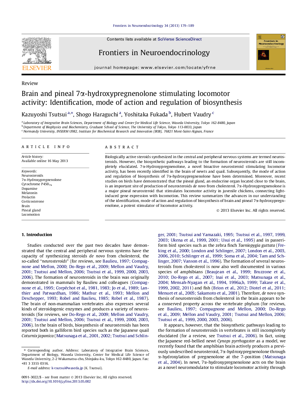 Brain and pineal 7α-hydroxypregnenolone stimulating locomotor activity: Identification, mode of action and regulation of biosynthesis