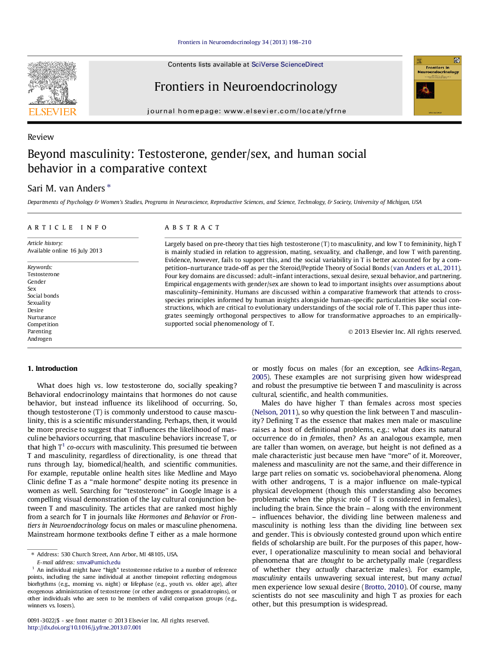 Beyond masculinity: Testosterone, gender/sex, and human social behavior in a comparative context