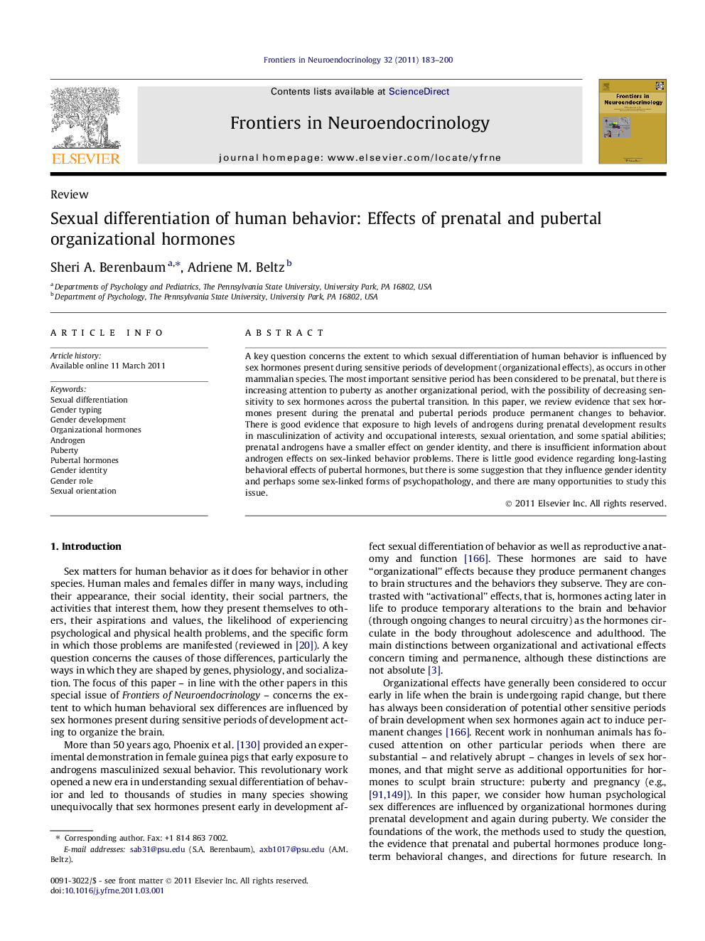 Sexual differentiation of human behavior: Effects of prenatal and pubertal organizational hormones