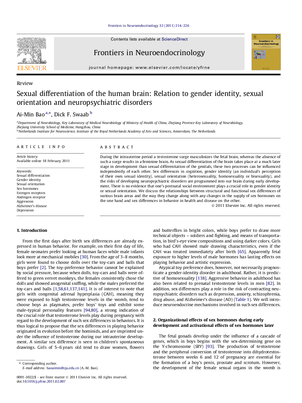 Sexual differentiation of the human brain: Relation to gender identity, sexual orientation and neuropsychiatric disorders