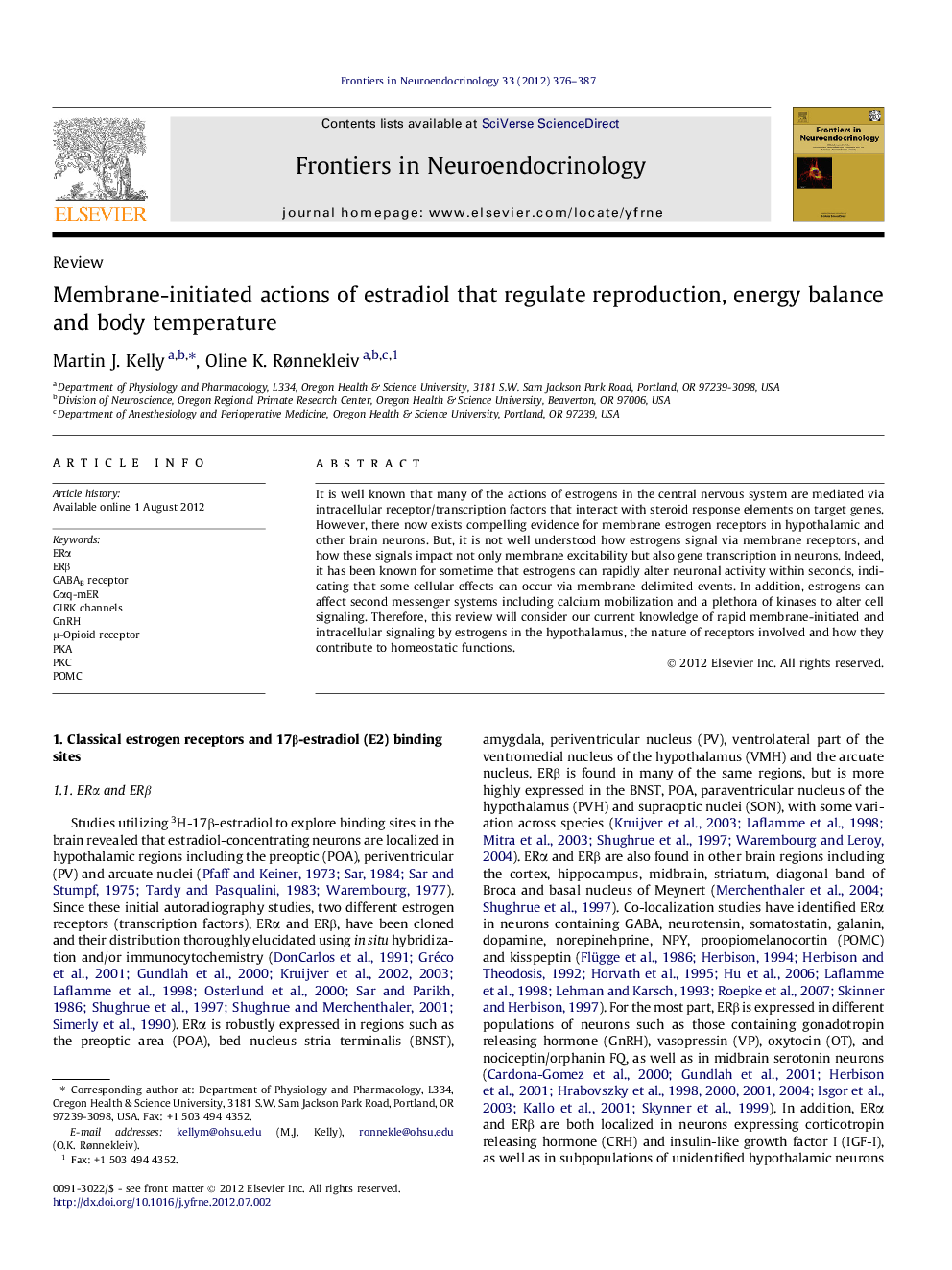 Membrane-initiated actions of estradiol that regulate reproduction, energy balance and body temperature