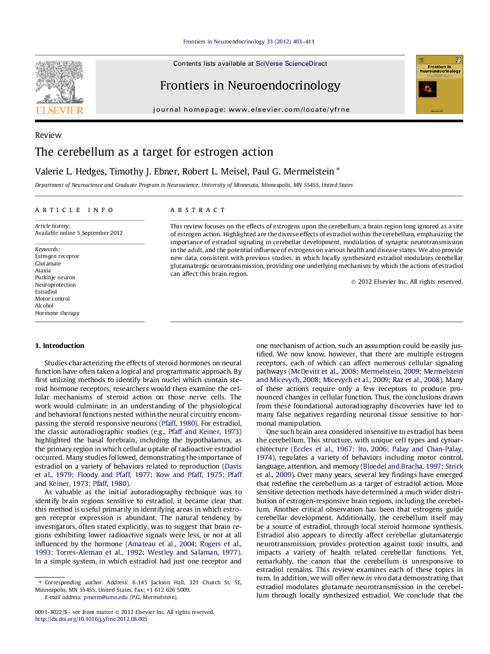 The cerebellum as a target for estrogen action