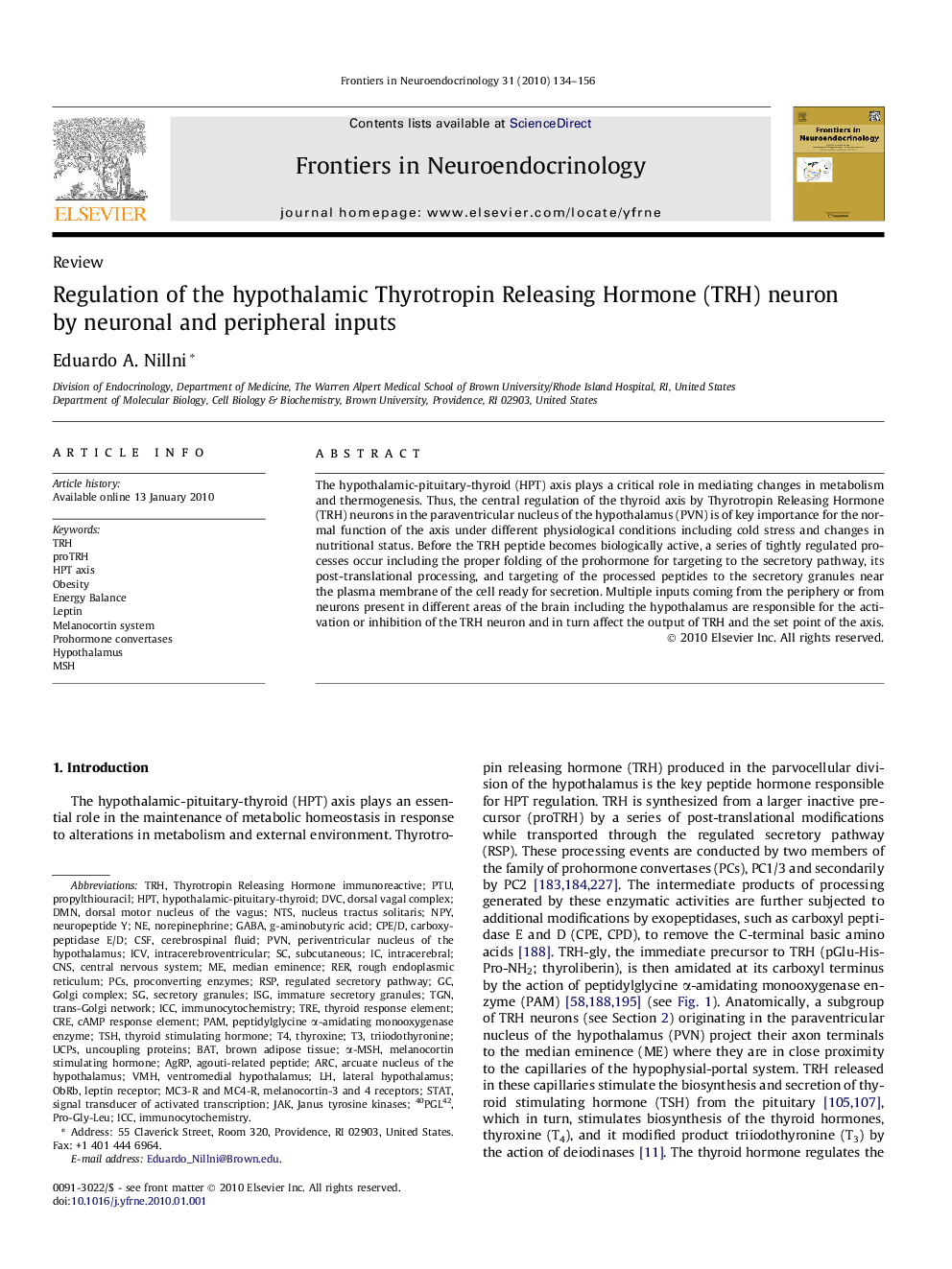 Regulation of the hypothalamic Thyrotropin Releasing Hormone (TRH) neuron by neuronal and peripheral inputs