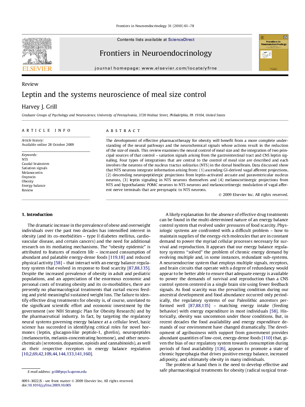 Leptin and the systems neuroscience of meal size control