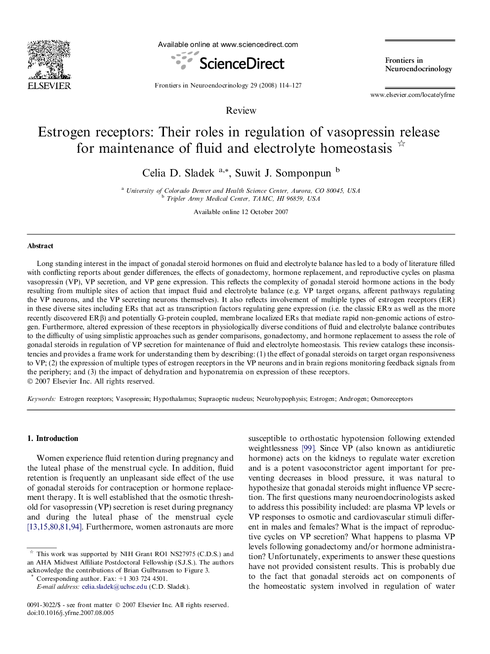 Estrogen receptors: Their roles in regulation of vasopressin release for maintenance of fluid and electrolyte homeostasis