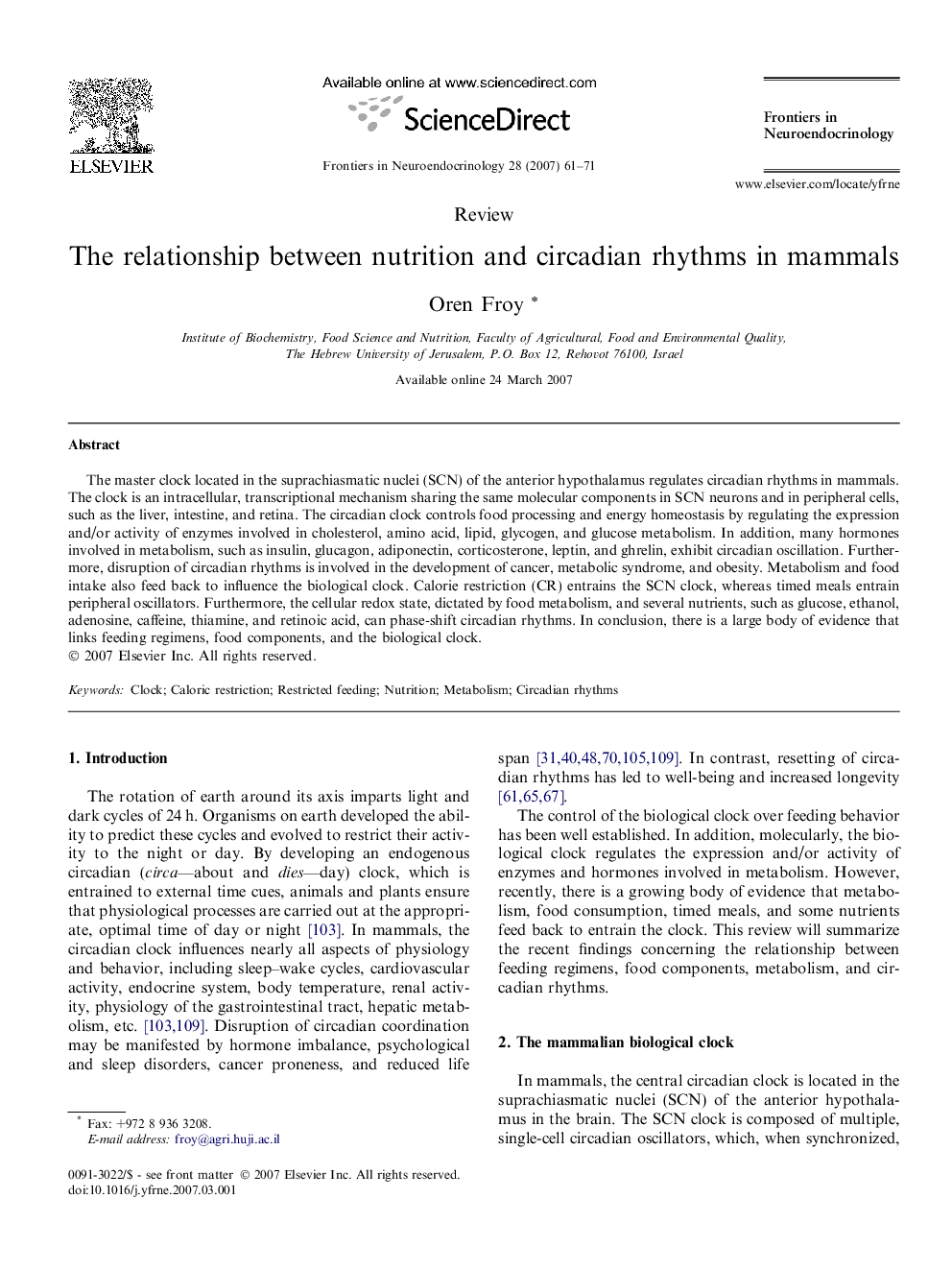 The relationship between nutrition and circadian rhythms in mammals