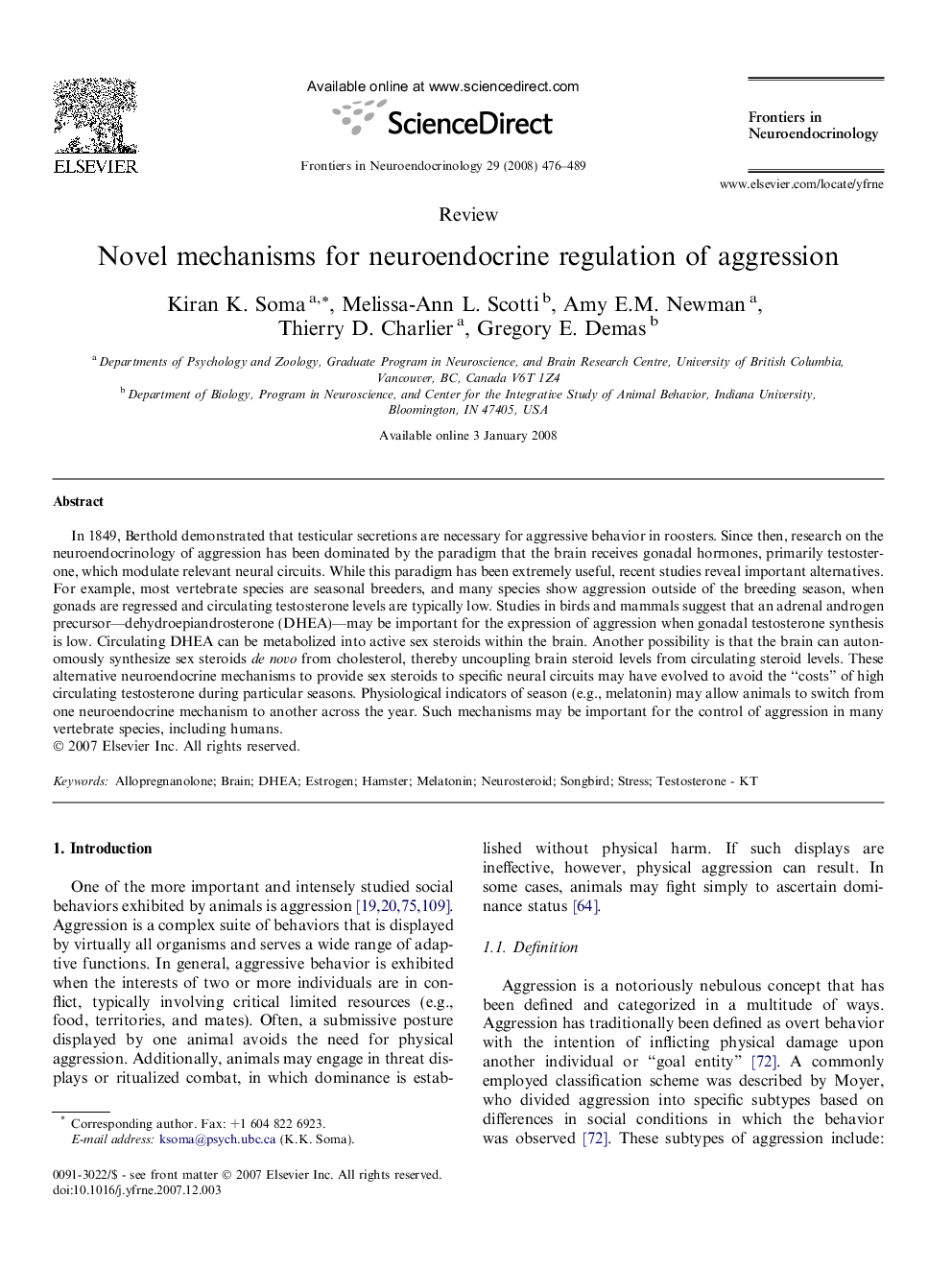 Novel mechanisms for neuroendocrine regulation of aggression