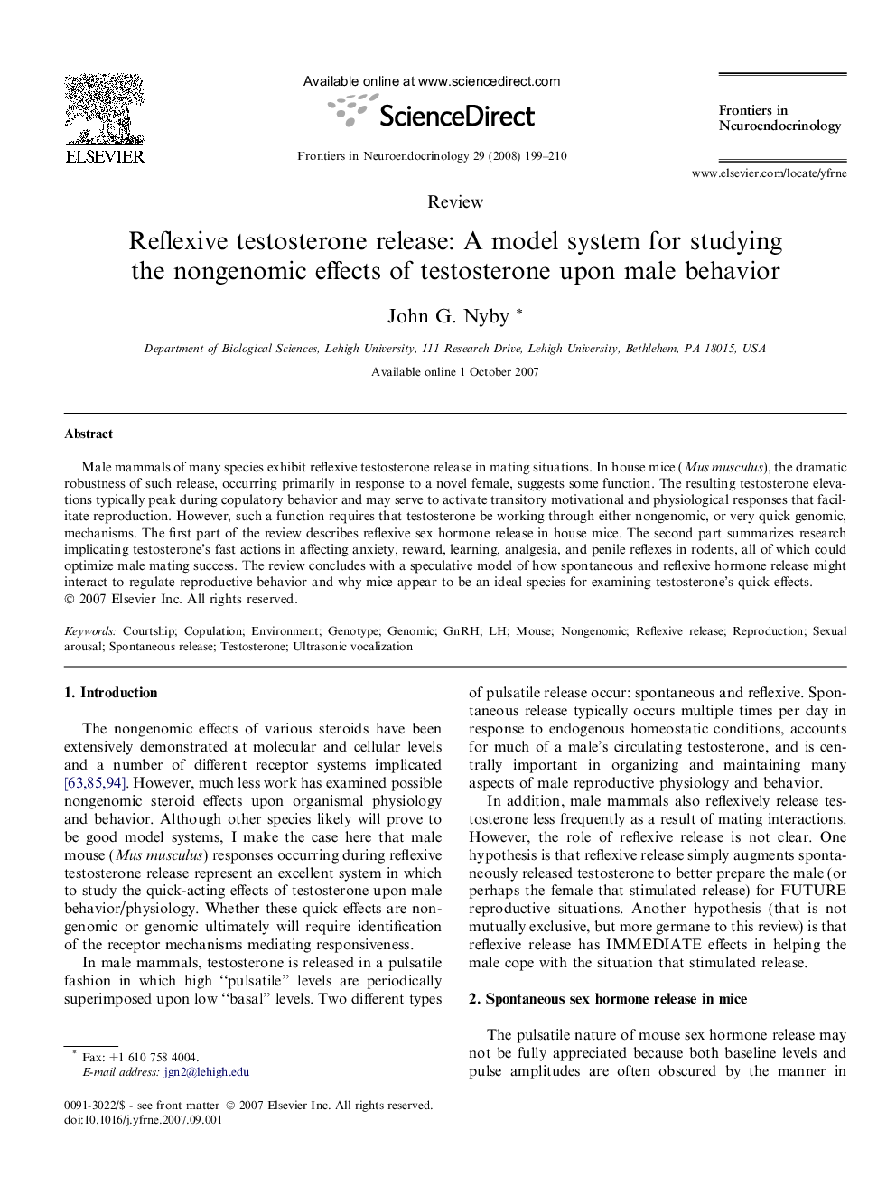 Reflexive testosterone release: A model system for studying the nongenomic effects of testosterone upon male behavior