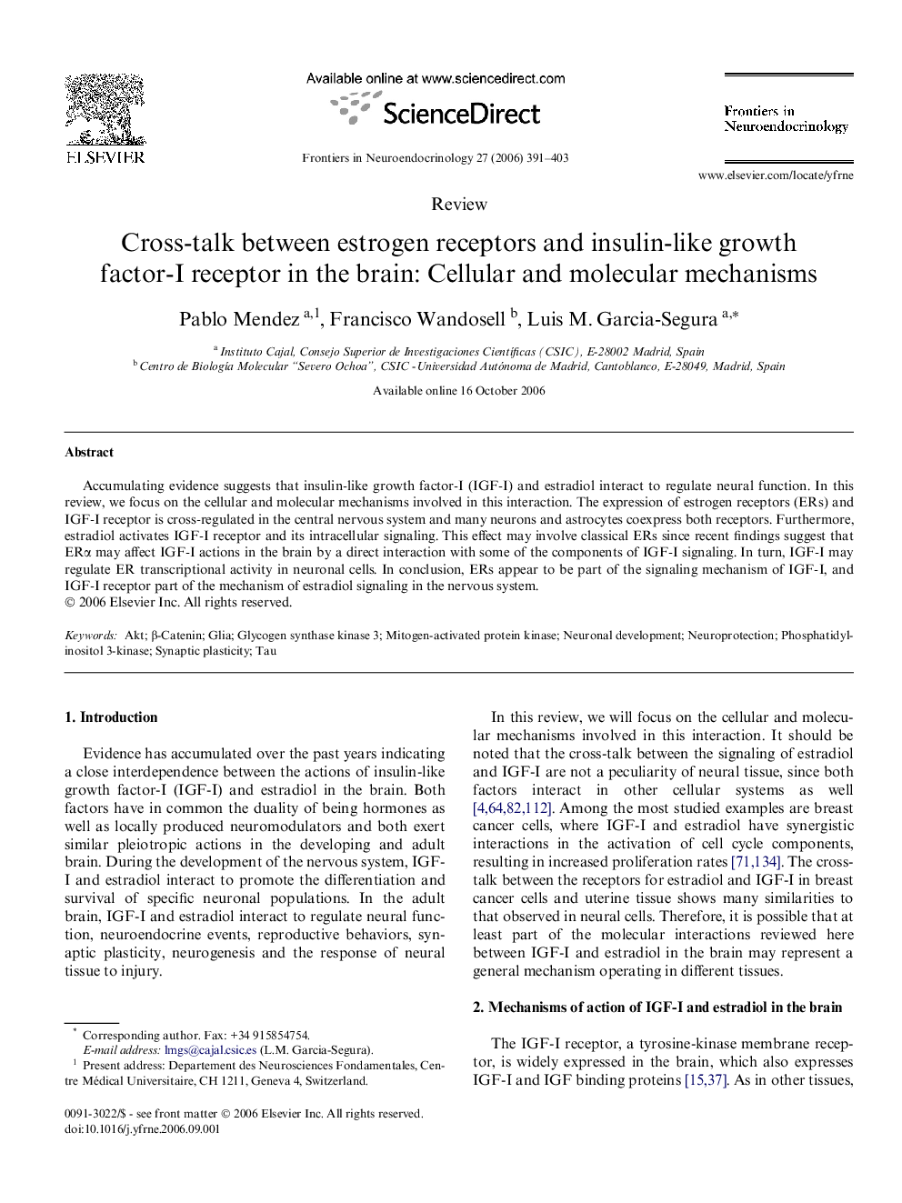 Cross-talk between estrogen receptors and insulin-like growth factor-I receptor in the brain: Cellular and molecular mechanisms