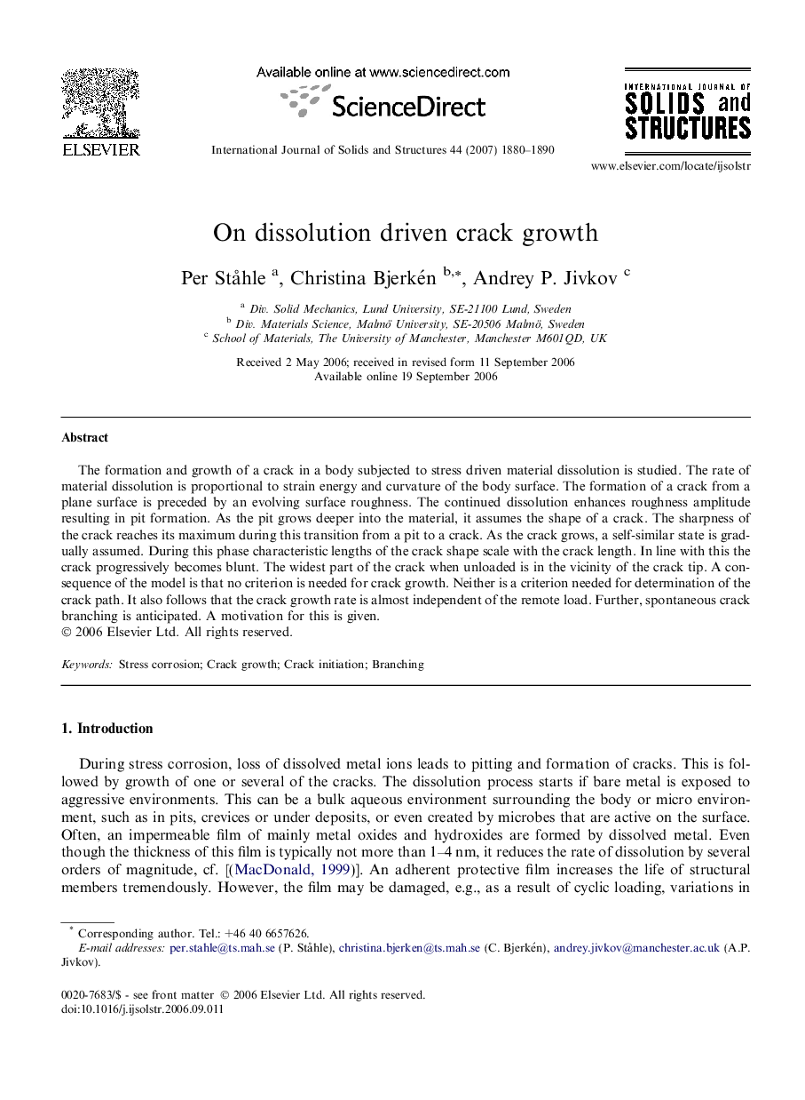 On dissolution driven crack growth