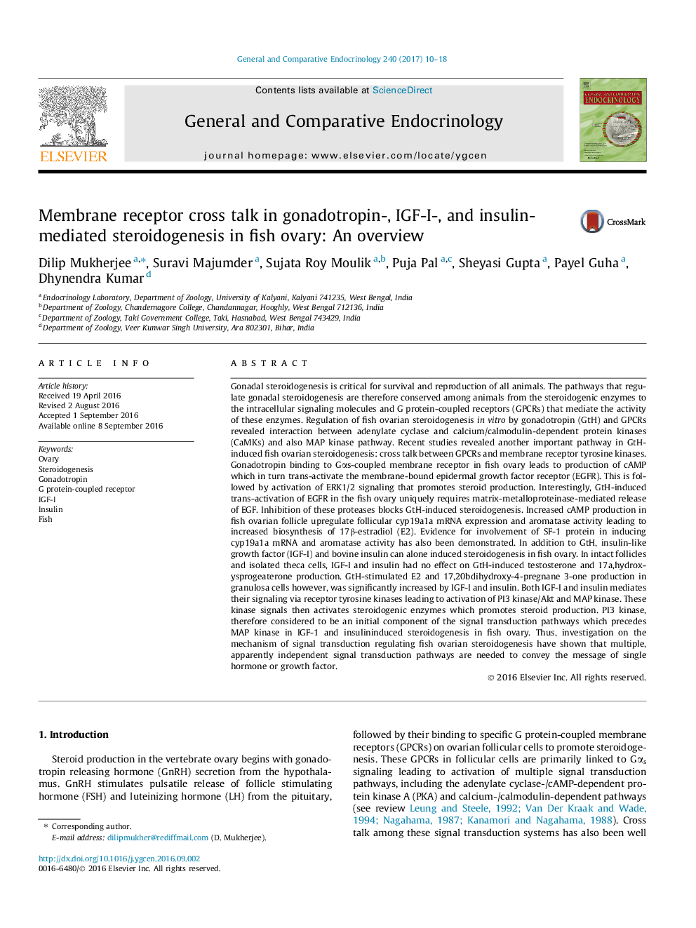 Membrane receptor cross talk in gonadotropin-, IGF-I-, and insulin-mediated steroidogenesis in fish ovary: An overview