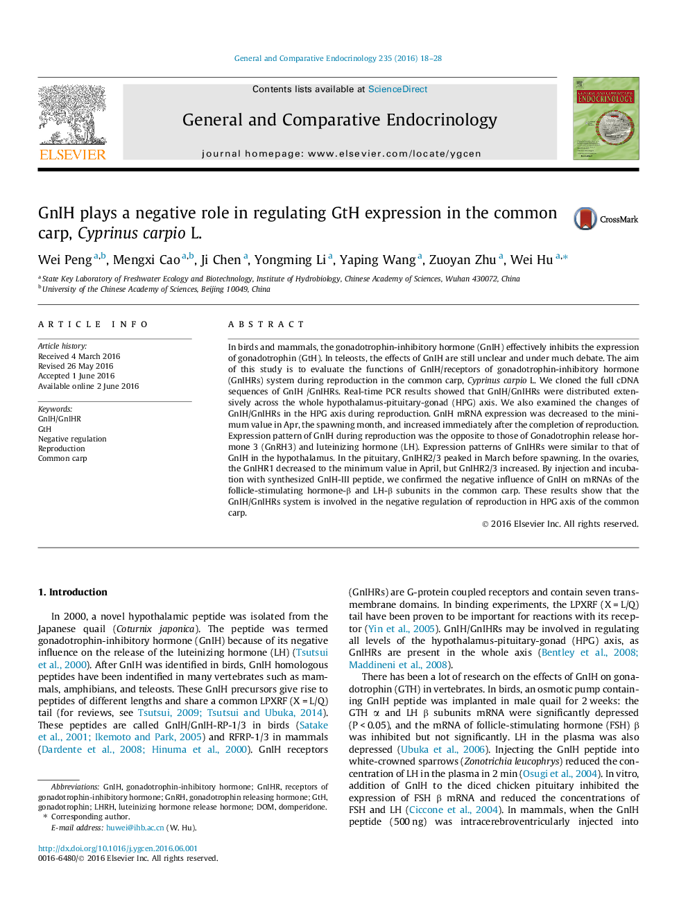 GnIH plays a negative role in regulating GtH expression in the common carp, Cyprinus carpio L.