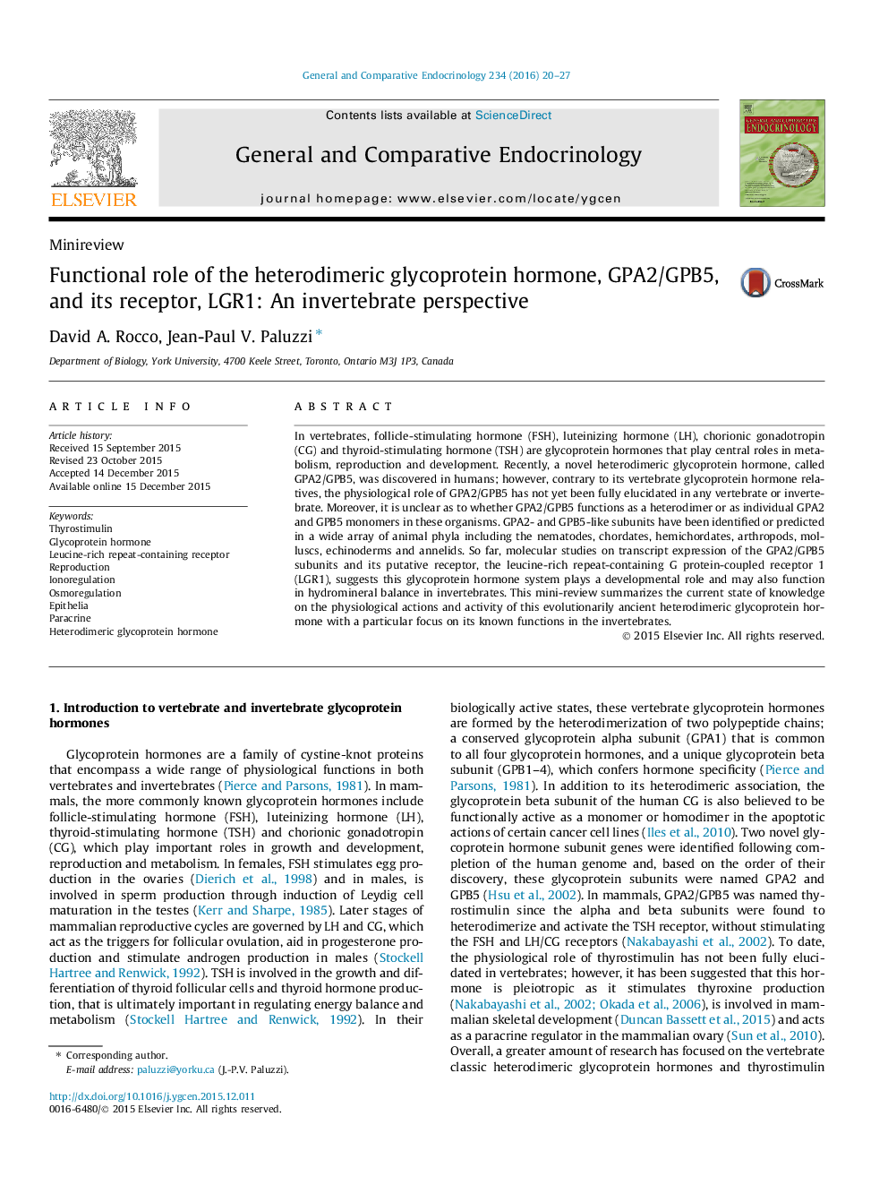 Functional role of the heterodimeric glycoprotein hormone, GPA2/GPB5, and its receptor, LGR1: An invertebrate perspective