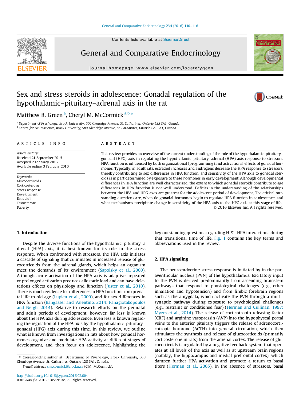 Sex and stress steroids in adolescence: Gonadal regulation of the hypothalamic–pituitary–adrenal axis in the rat