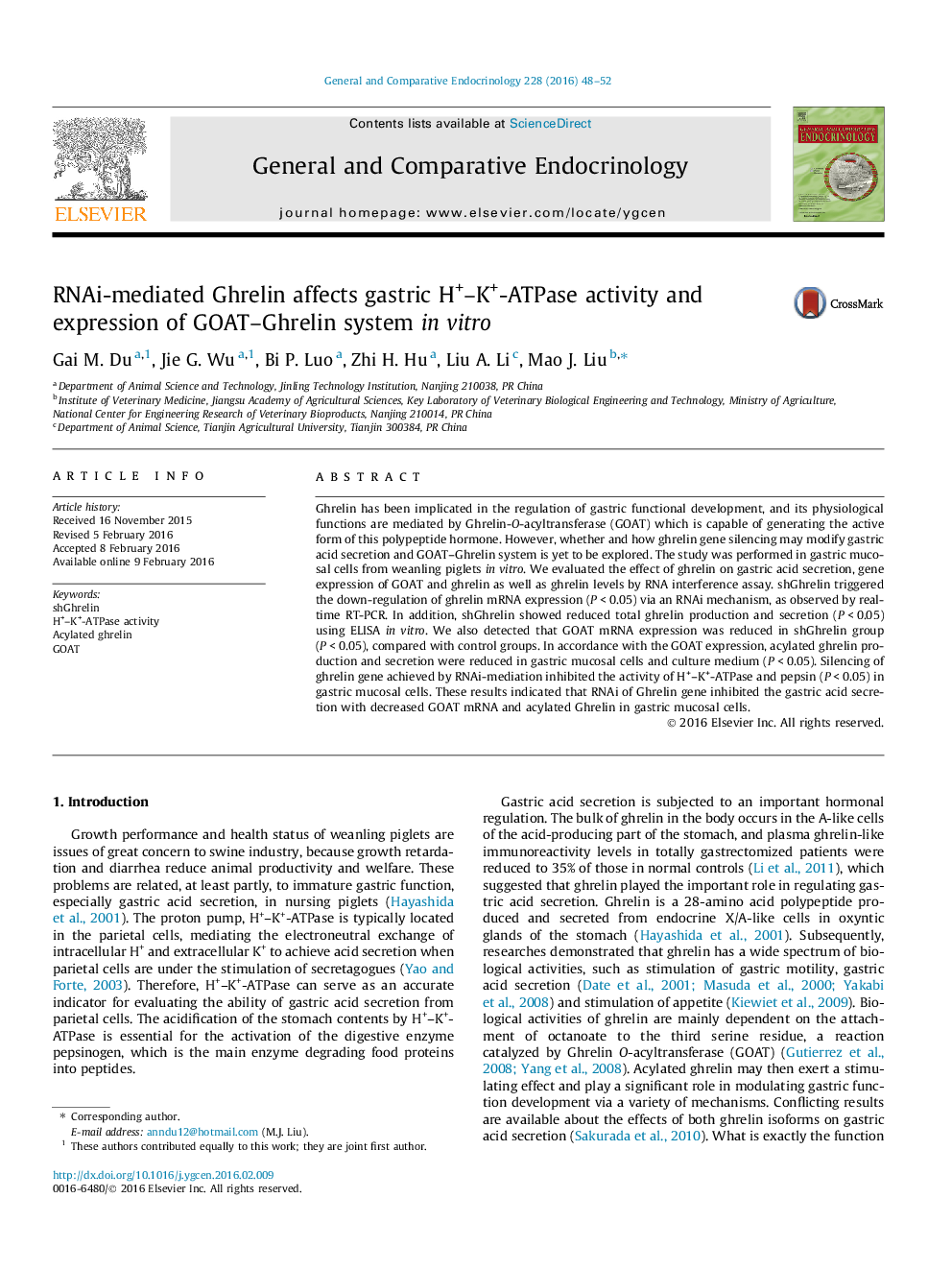 گرلین بواسطه RNAi بر فعالیت هورمون H + -K + -ATPase معده و بیان سیستم GOAT–Ghrelin در محیط آزمایشگاهی اثر می گذارد