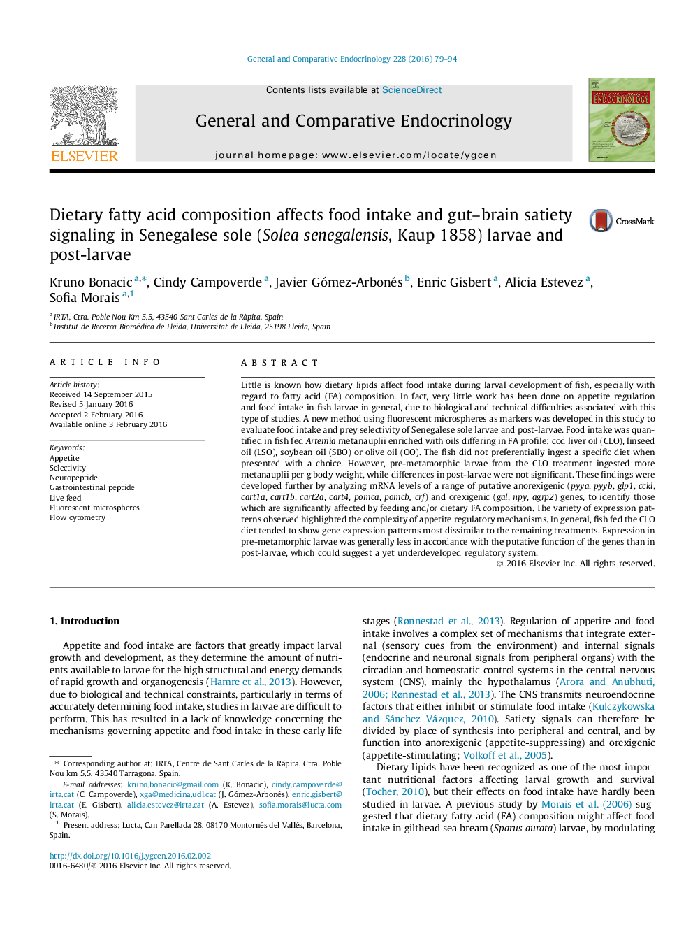 Dietary fatty acid composition affects food intake and gut–brain satiety signaling in Senegalese sole (Solea senegalensis, Kaup 1858) larvae and post-larvae