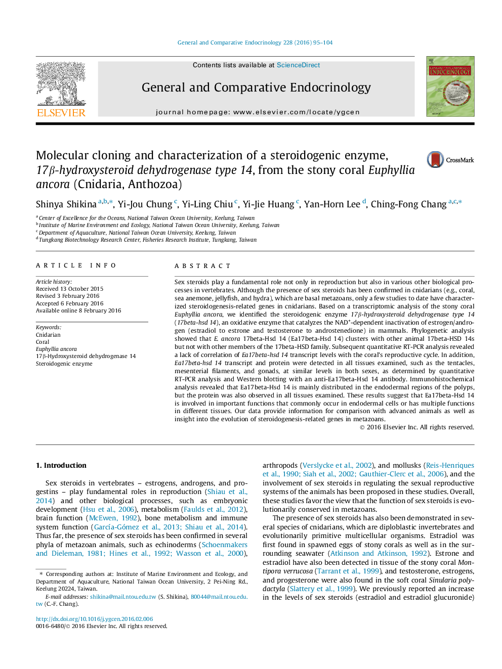 Molecular cloning and characterization of a steroidogenic enzyme, 17β-hydroxysteroid dehydrogenase type 14, from the stony coral Euphyllia ancora (Cnidaria, Anthozoa)