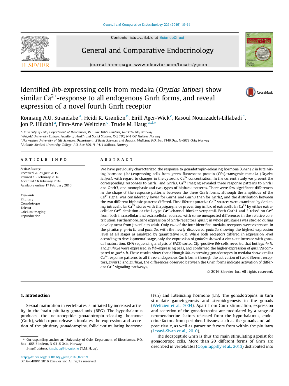 Identified lhb-expressing cells from medaka (Oryzias latipes) show similar Ca2+-response to all endogenous Gnrh forms, and reveal expression of a novel fourth Gnrh receptor