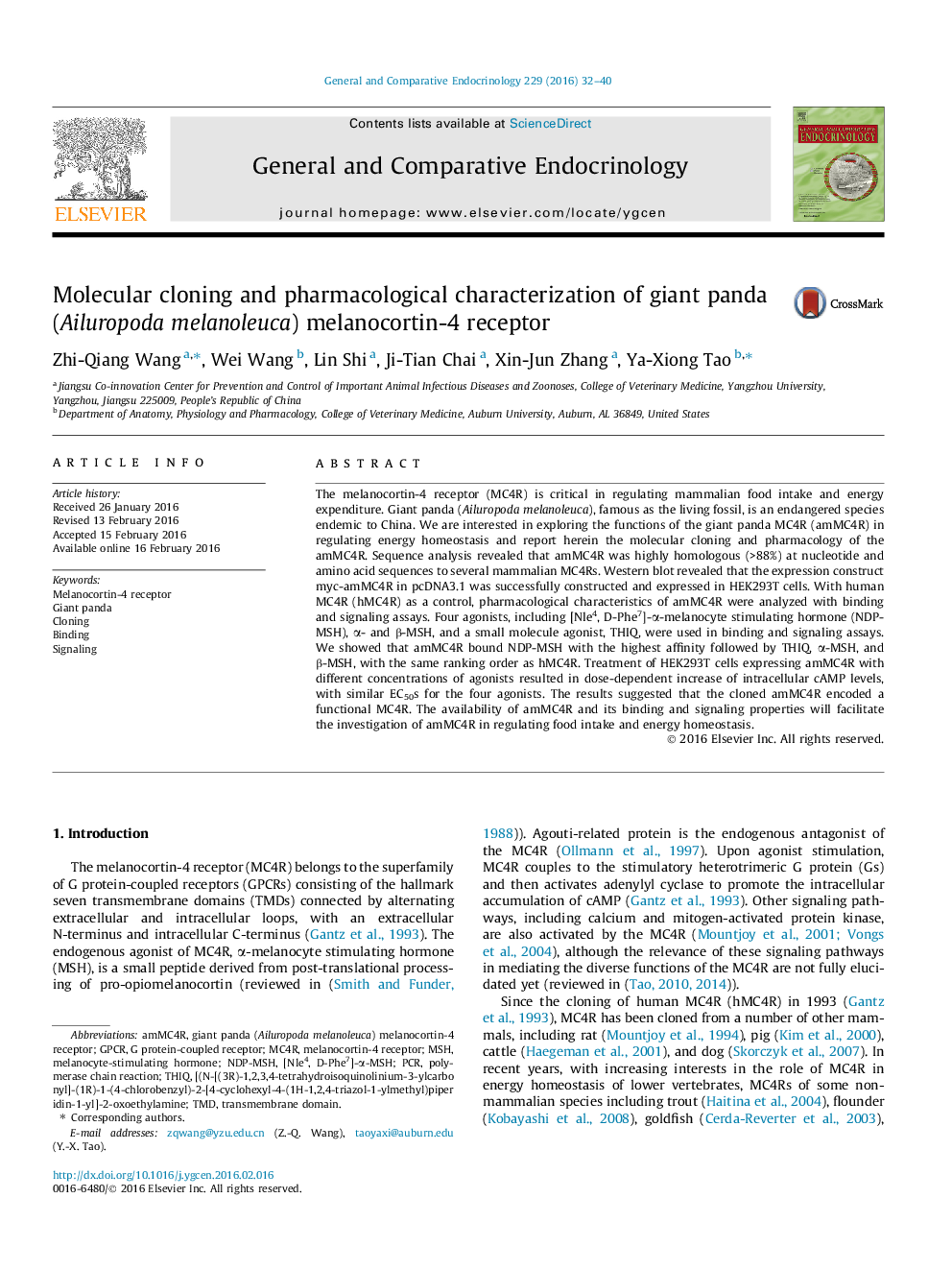 Molecular cloning and pharmacological characterization of giant panda (Ailuropoda melanoleuca) melanocortin-4 receptor