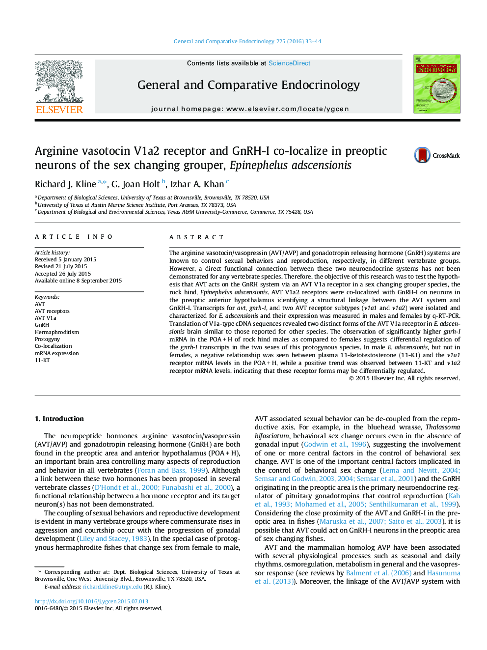 Arginine vasotocin V1a2 receptor and GnRH-I co-localize in preoptic neurons of the sex changing grouper, Epinephelus adscensionis