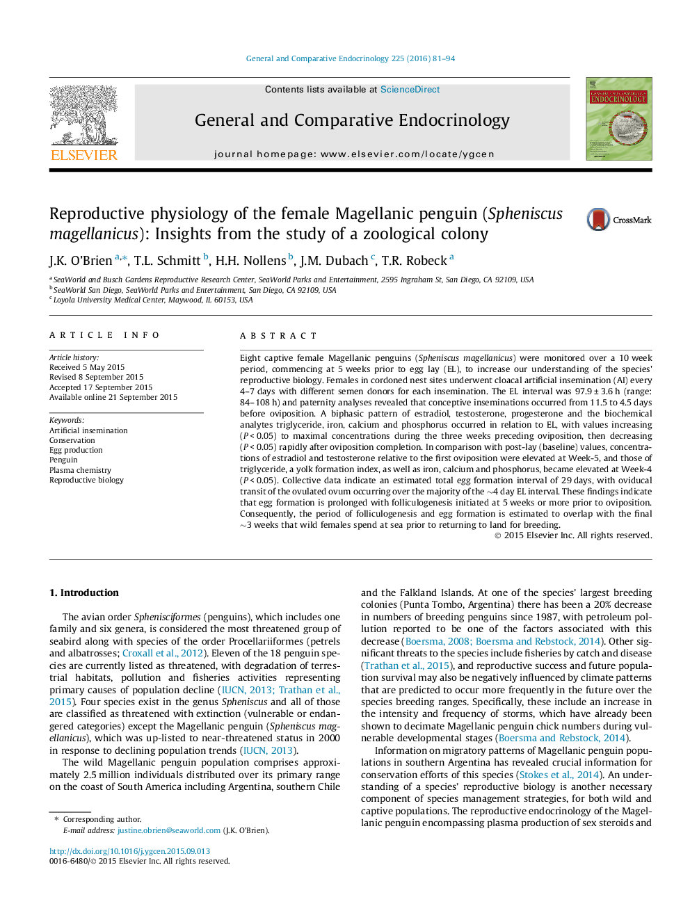 Reproductive physiology of the female Magellanic penguin (Spheniscus magellanicus): Insights from the study of a zoological colony