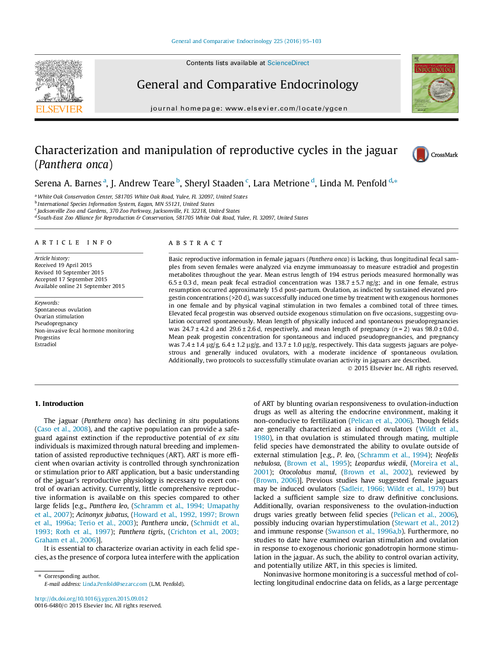 Characterization and manipulation of reproductive cycles in the jaguar (Panthera onca)