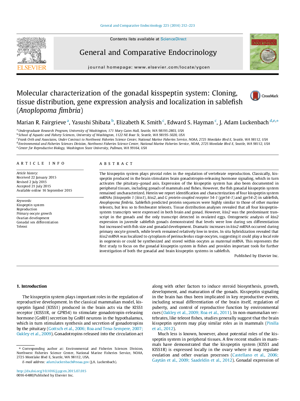 Molecular characterization of the gonadal kisspeptin system: Cloning, tissue distribution, gene expression analysis and localization in sablefish (Anoplopoma fimbria)