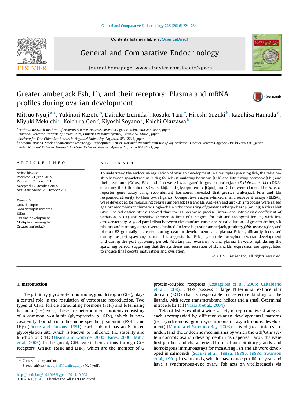 Greater amberjack Fsh, Lh, and their receptors: Plasma and mRNA profiles during ovarian development