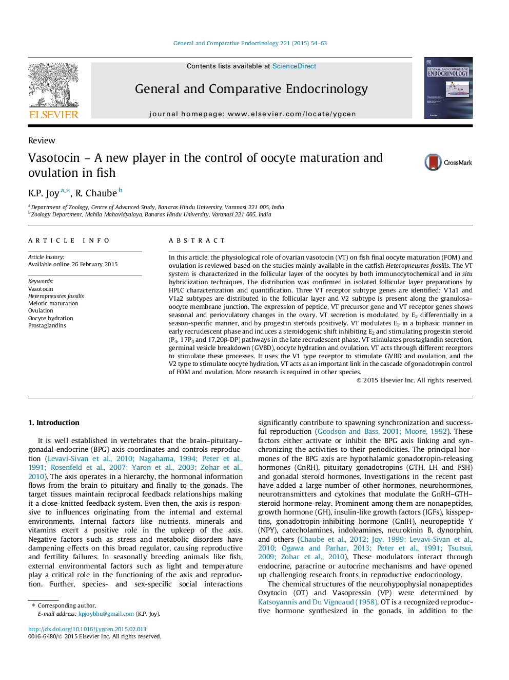 Vasotocin – A new player in the control of oocyte maturation and ovulation in fish