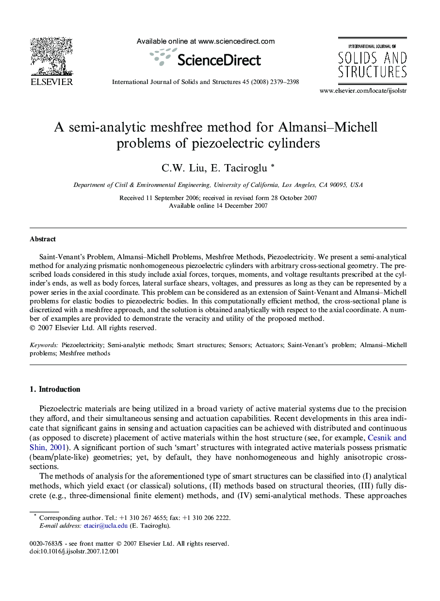 A semi-analytic meshfree method for Almansi–Michell problems of piezoelectric cylinders