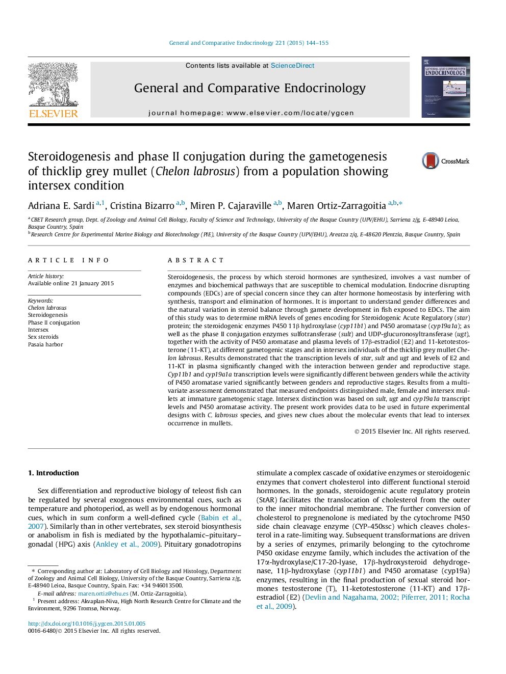 Steroidogenesis and phase II conjugation during the gametogenesis of thicklip grey mullet (Chelon labrosus) from a population showing intersex condition