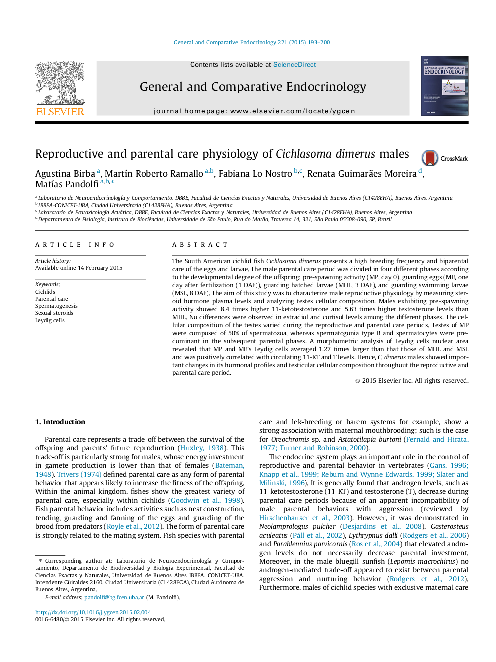 Reproductive and parental care physiology of Cichlasoma dimerus males