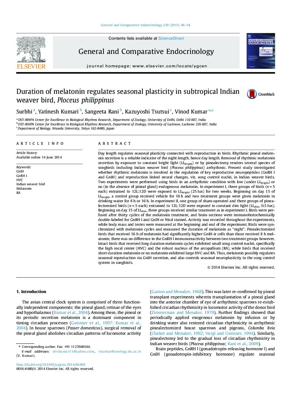 Duration of melatonin regulates seasonal plasticity in subtropical Indian weaver bird, Ploceus philippinus