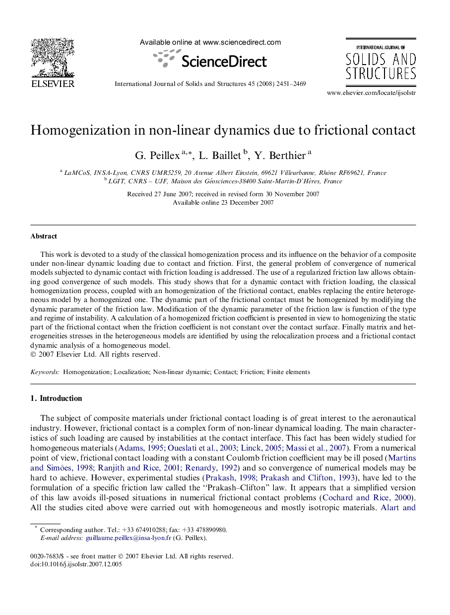 Homogenization in non-linear dynamics due to frictional contact