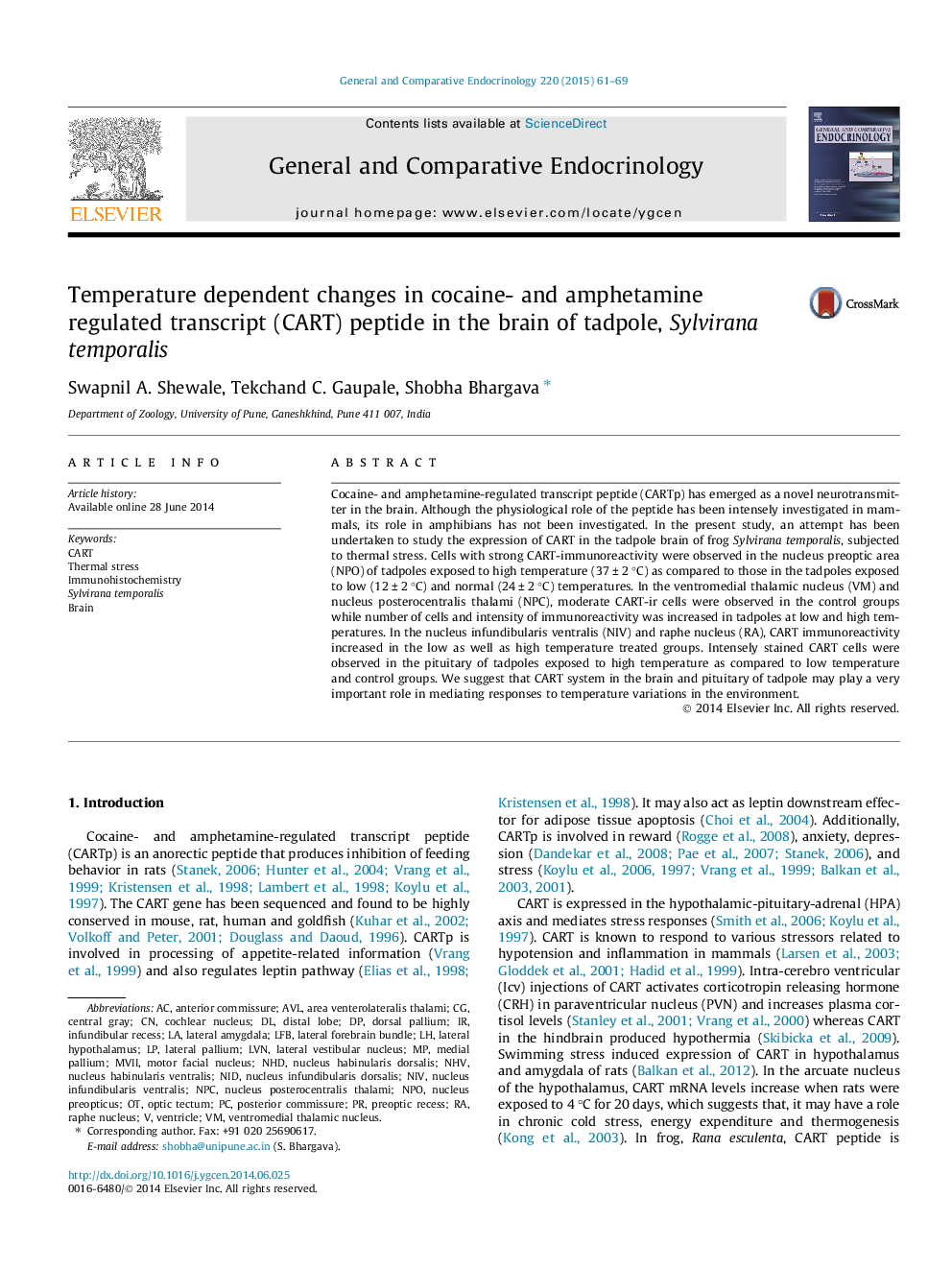 Temperature dependent changes in cocaine- and amphetamine regulated transcript (CART) peptide in the brain of tadpole, Sylvirana temporalis