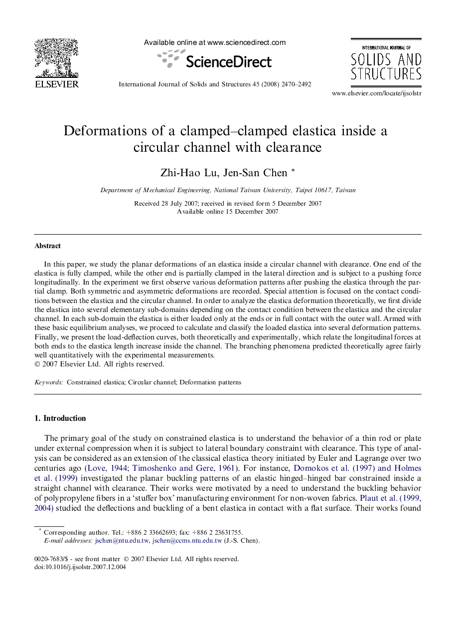 Deformations of a clamped–clamped elastica inside a circular channel with clearance