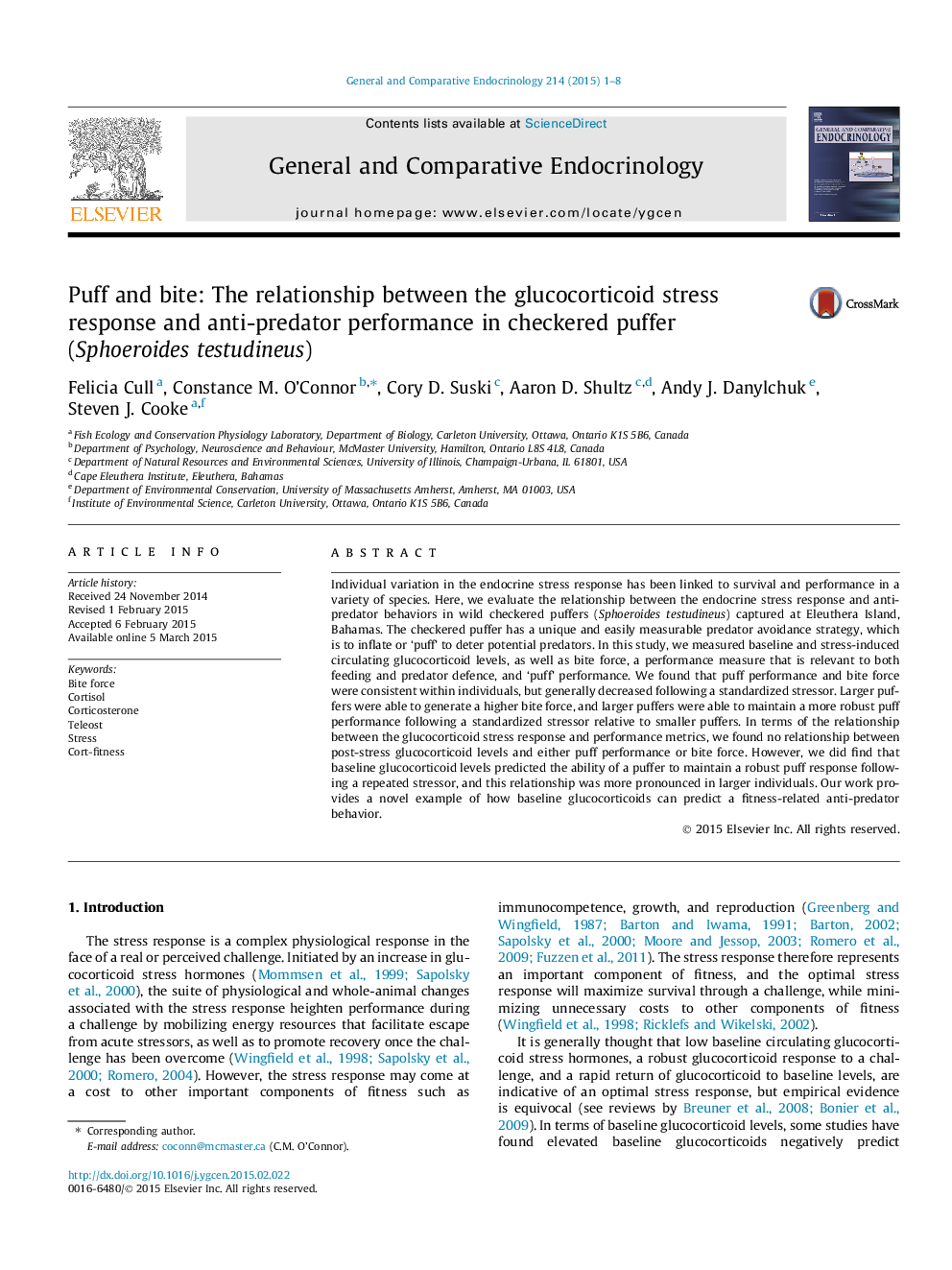 Puff and bite: The relationship between the glucocorticoid stress response and anti-predator performance in checkered puffer (Sphoeroides testudineus)