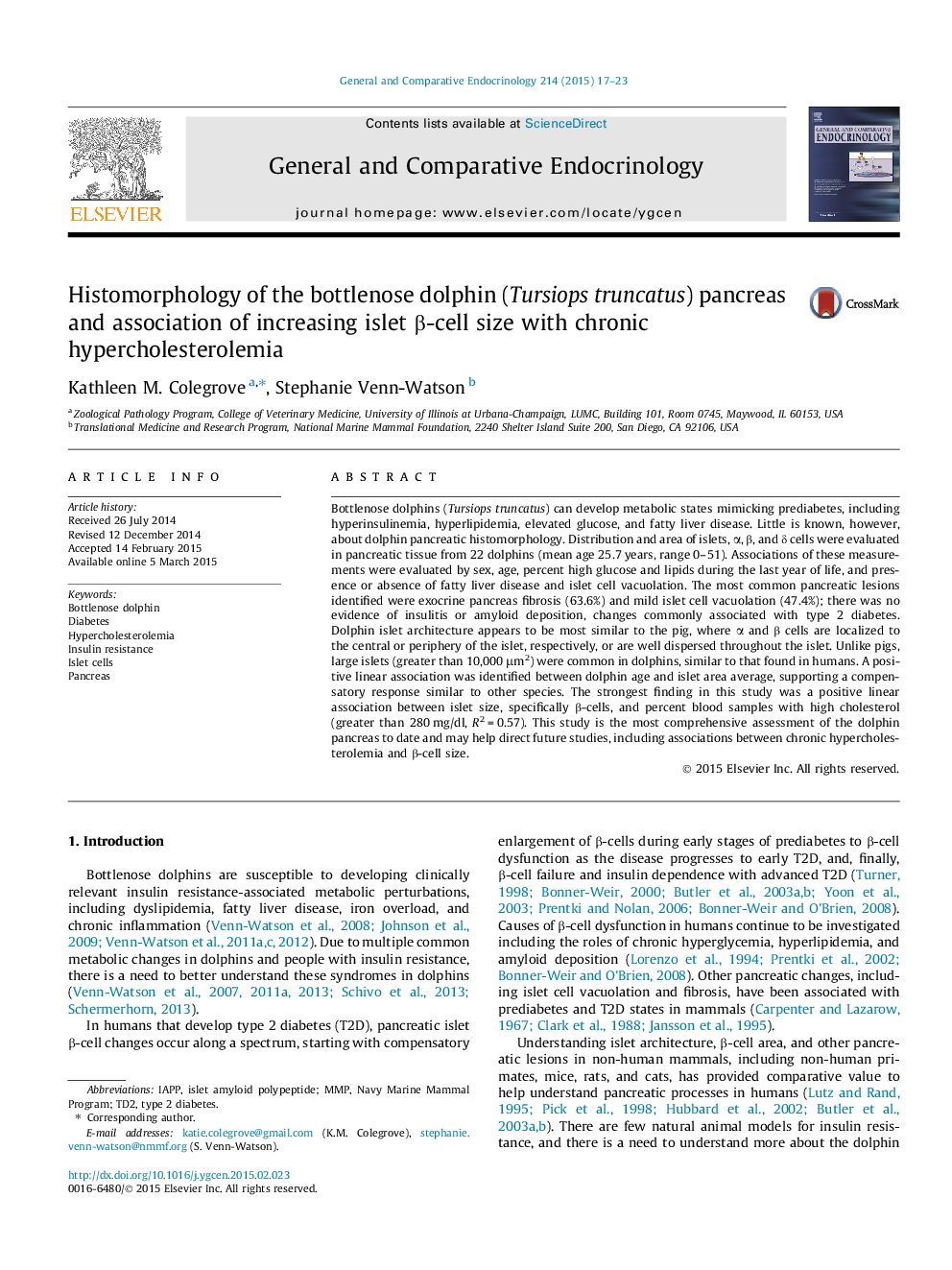 Histomorphology of the bottlenose dolphin (Tursiops truncatus) pancreas and association of increasing islet β-cell size with chronic hypercholesterolemia