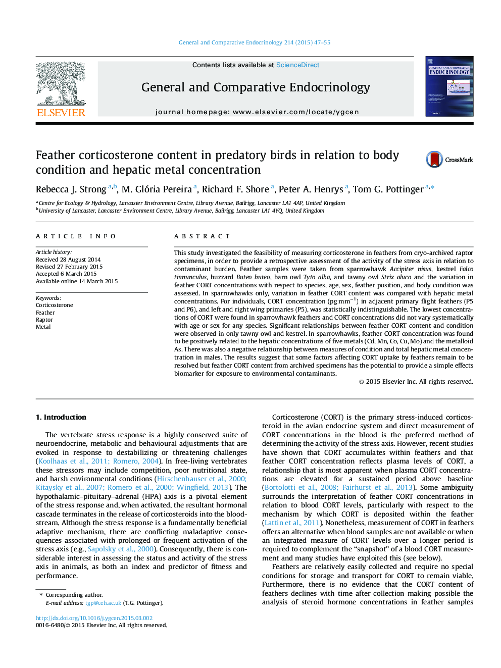 Feather corticosterone content in predatory birds in relation to body condition and hepatic metal concentration