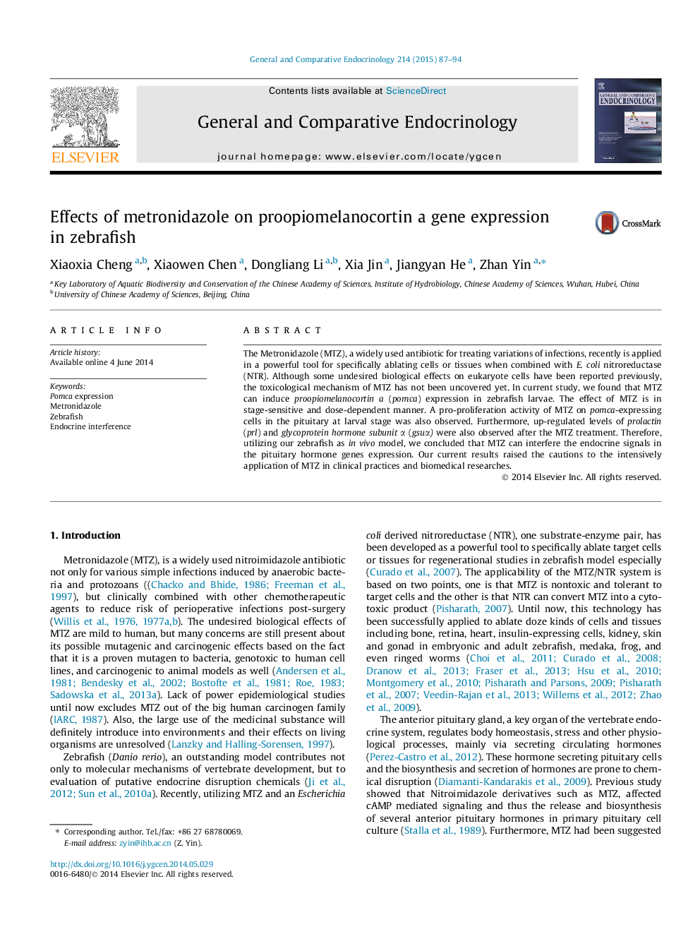 Effects of metronidazole on proopiomelanocortin a gene expression in zebrafish