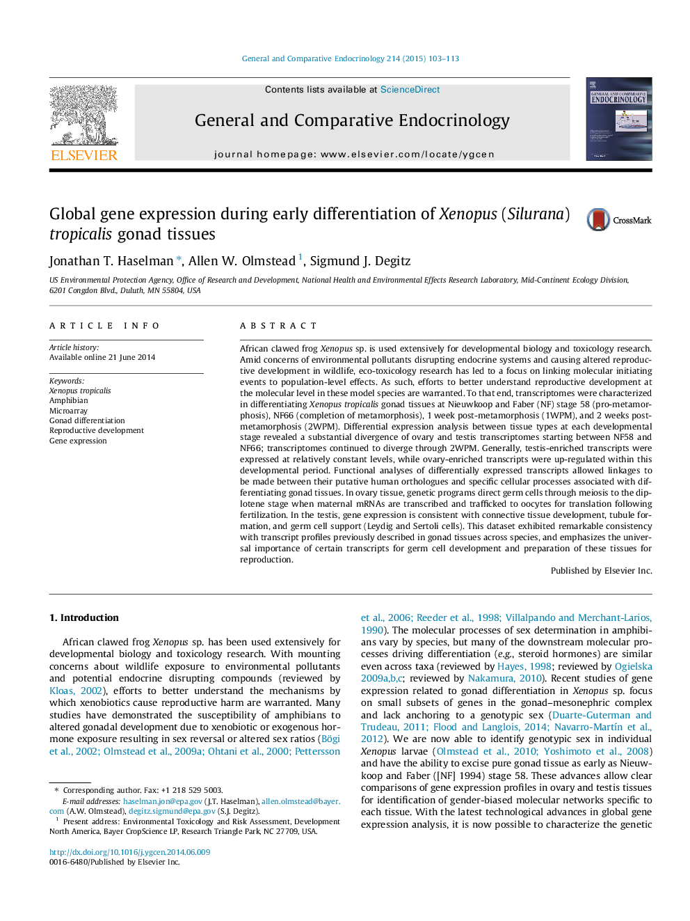 Global gene expression during early differentiation of Xenopus (Silurana) tropicalis gonad tissues