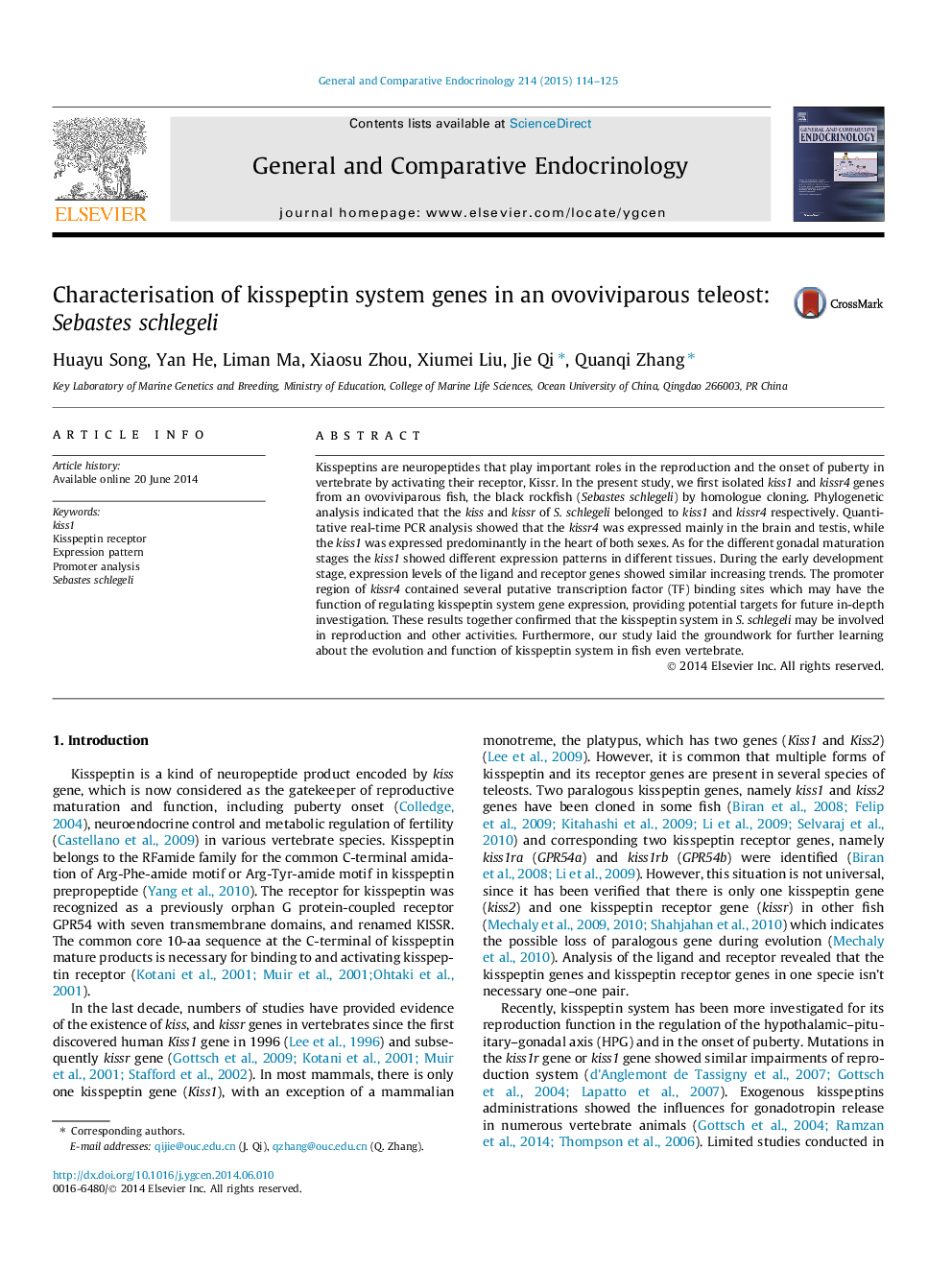 Characterisation of kisspeptin system genes in an ovoviviparous teleost: Sebastes schlegeli